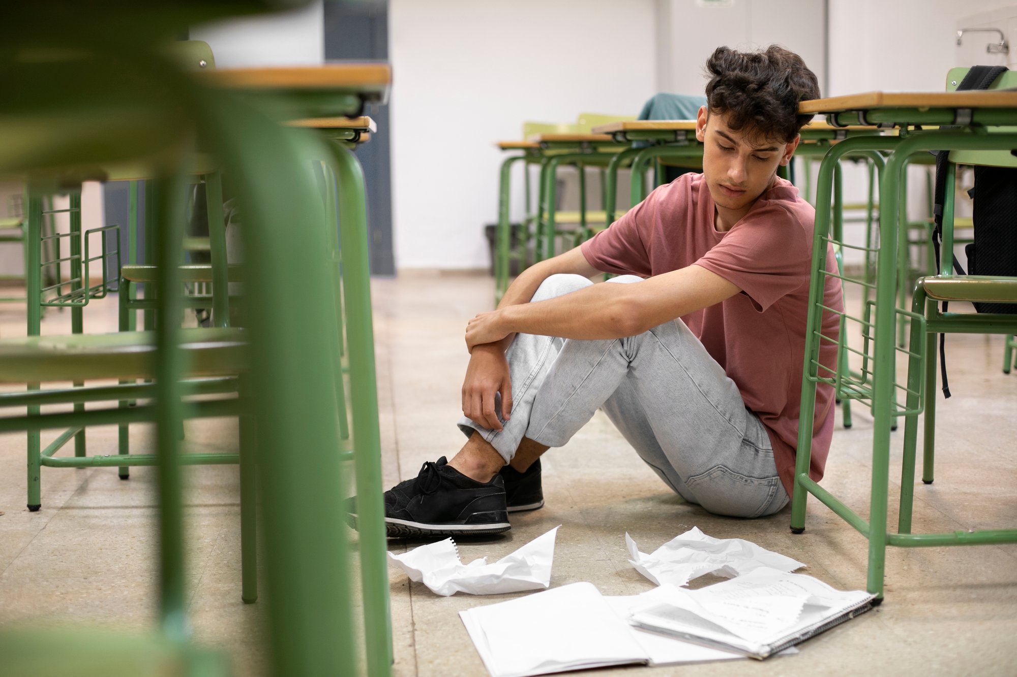 Niño sentado con cara triste en el salon de clases