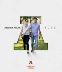 Portada del informe anual 2022 de la Universidad Anáhuac Mayab, en la portada hay dos personas caminando en el campus. 