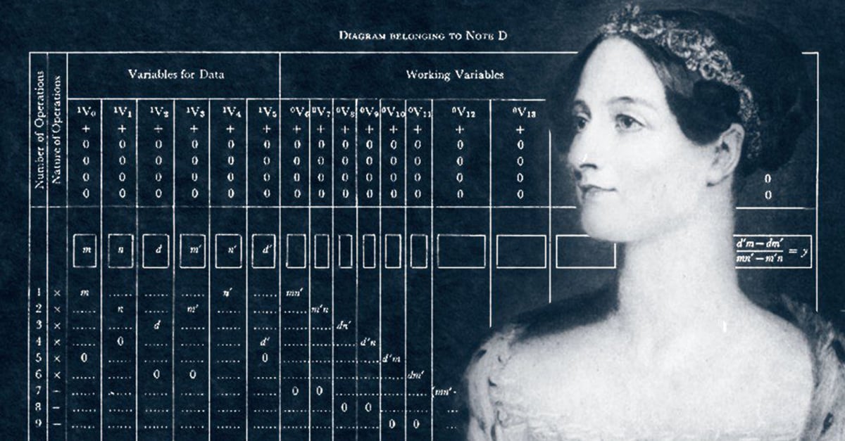 Ilustracion de Ada Lovelace con fondo de diagrama de variables